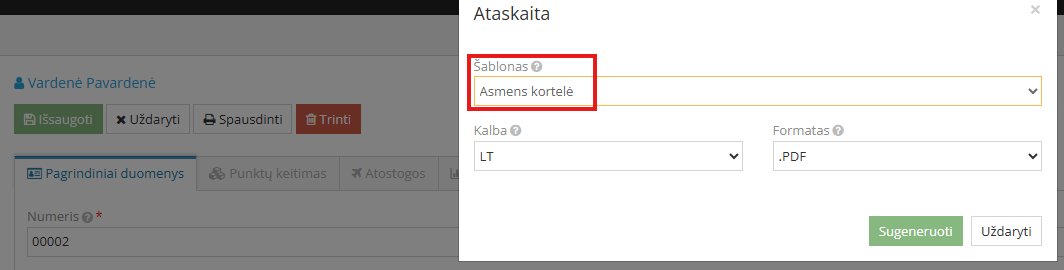 Atostogų spausdinimo iš darbuotojo kortelės langas